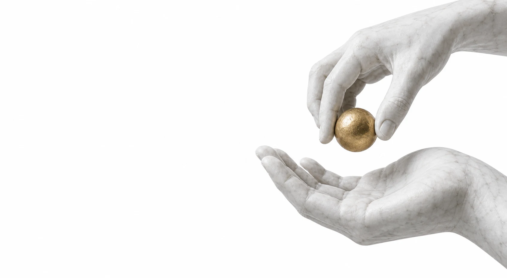 Two monumental marble hands pass a small gilded sphere.